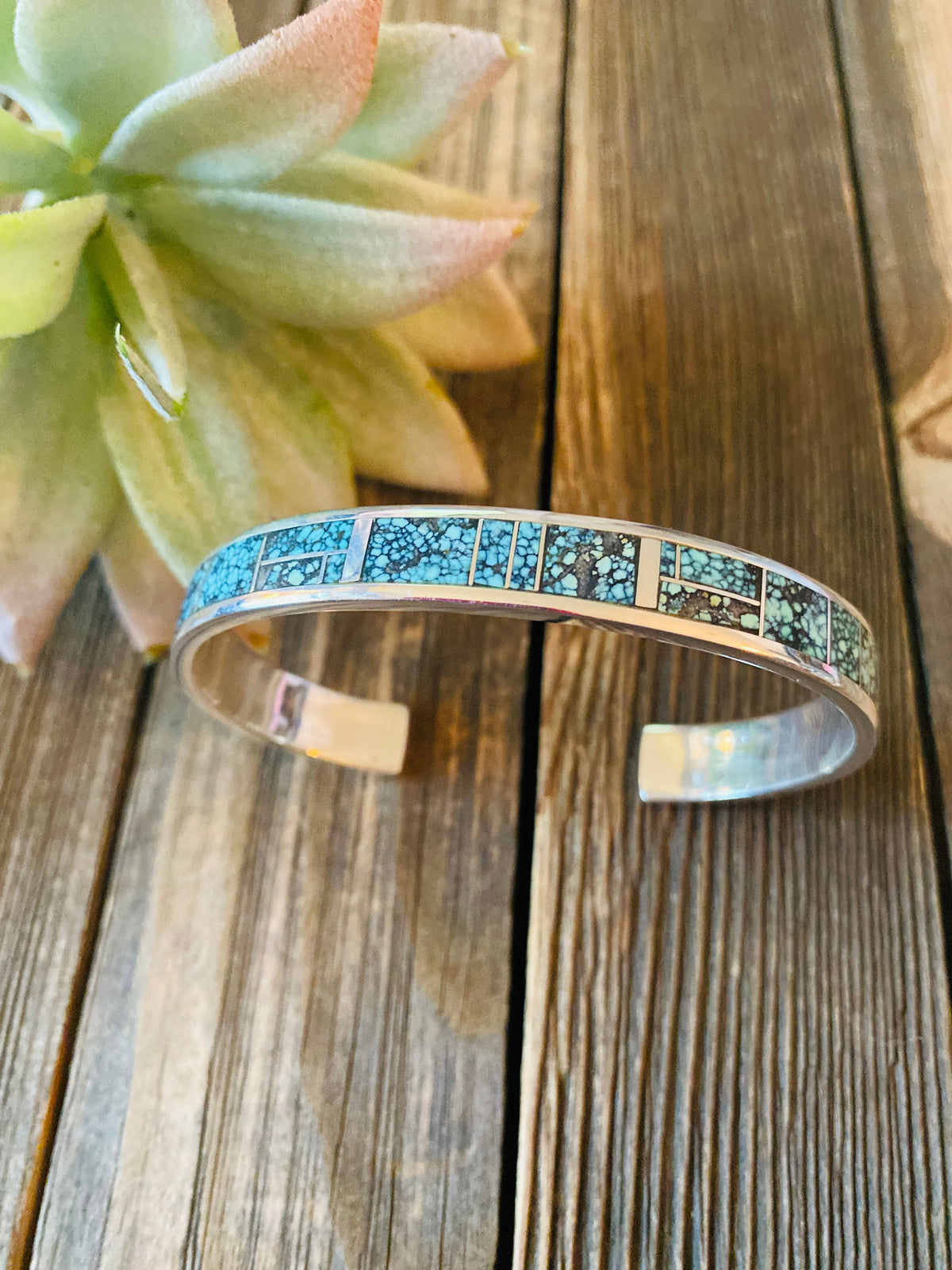 Navajo Kingman Spiderweb Turquoise & Sterling Silver Inlay Cuff Bracelet