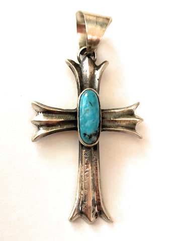 Navajo Sterling Silver & Turquoise Cross Pendant By Chimney Butte