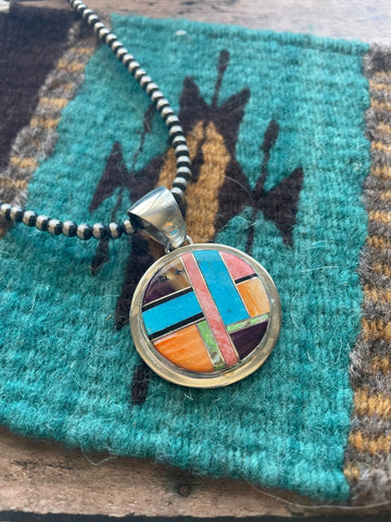 Navajo Multi Stone Inlay & Sterling Silver Circle Pendant