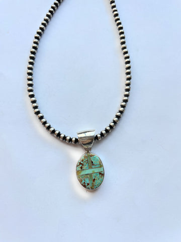 Navajo Number 8 Turquoise Inlay & Sterling Silver Pendant Signed