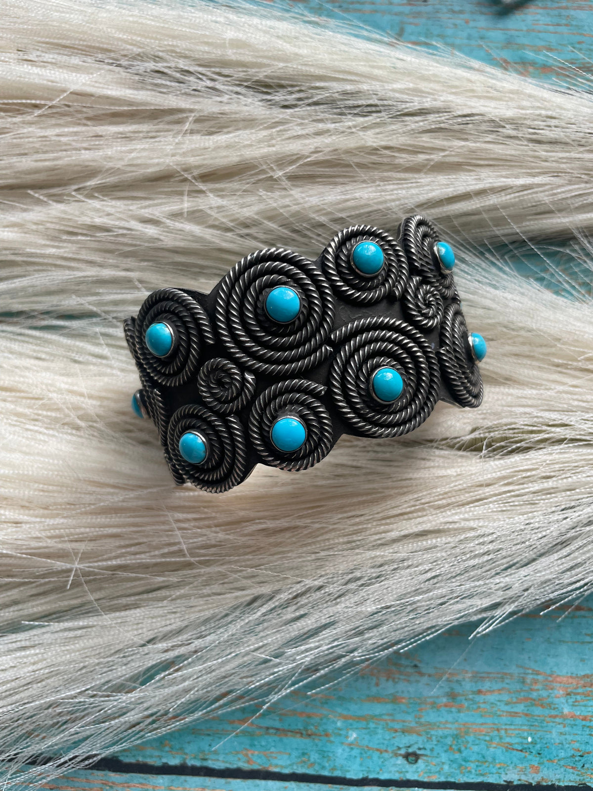 Leander Tahe Turquoise & Sterling Silver Spiral Navajo Bracelet Signed