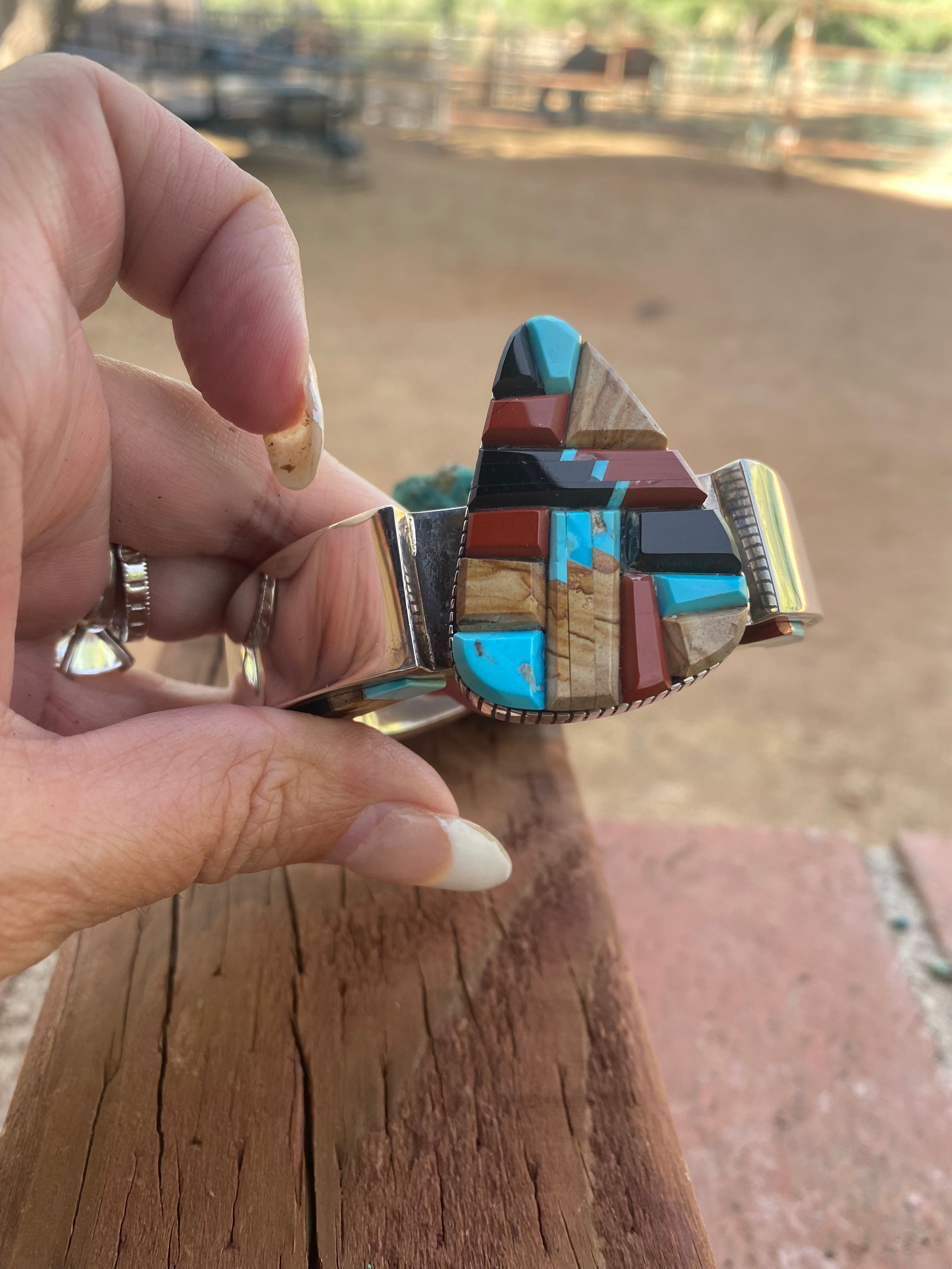 Navajo Multi Stone & Sterling Silver High Rise Inlay Cuff Bracelet