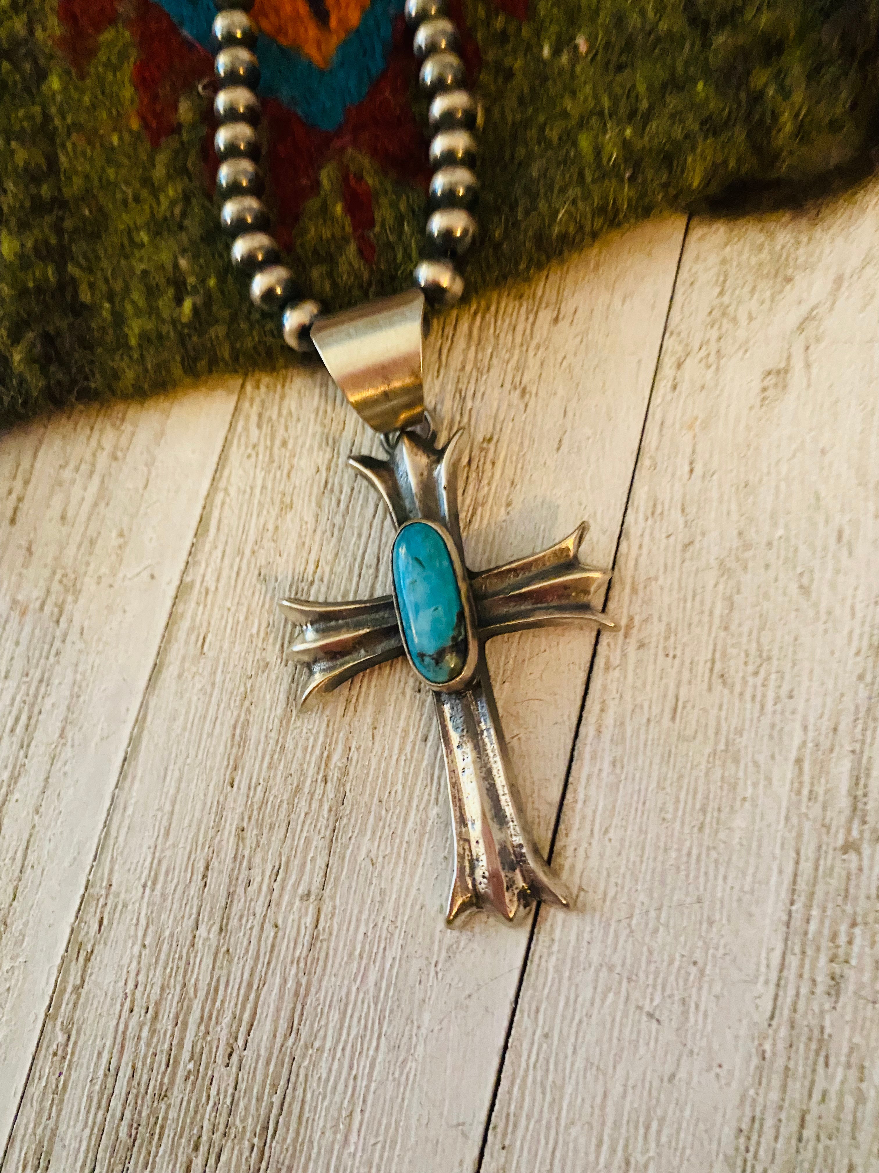 Navajo Sterling Silver & Turquoise Cross Pendant By Chimney Butte