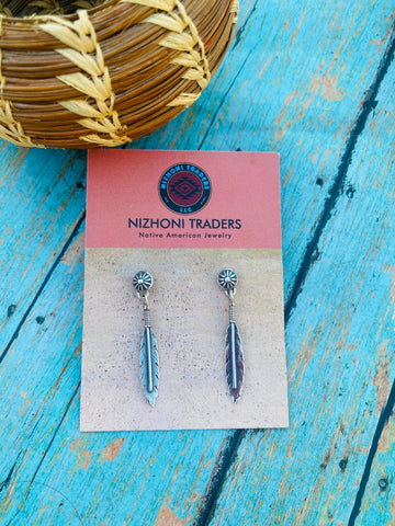 Navajo Sterling Silver Concho Feather Dangle Earrings