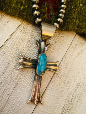 Navajo Sterling Silver & Turquoise Cross Pendant By Chimney Butte