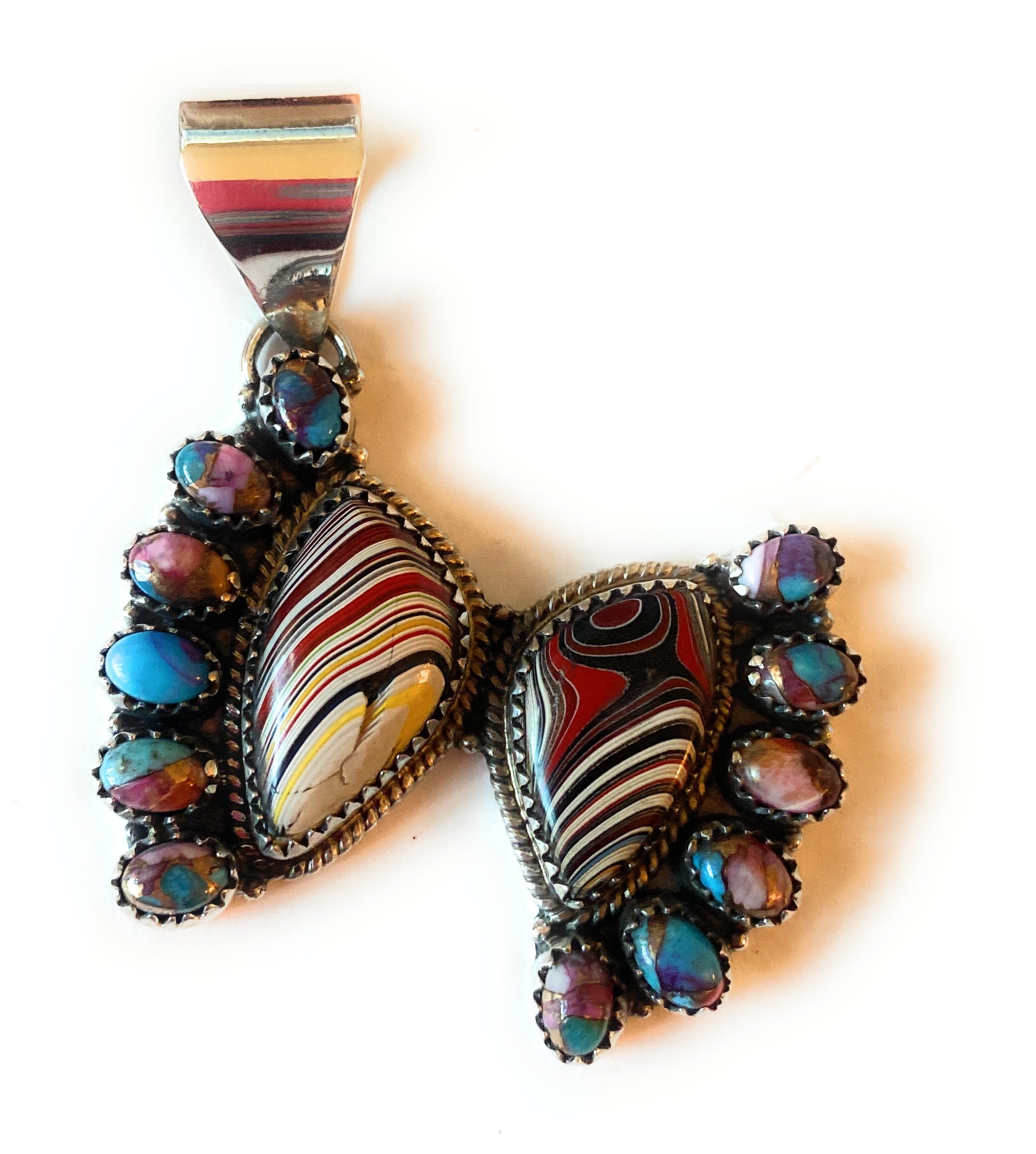 Handmade Sterling Silver, Fordite & Pink Dream Cluster Pendant