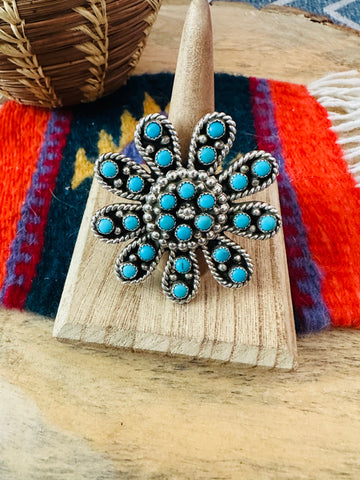 Navajo Turquoise & Sterling Silver Flower Adjustable Ring