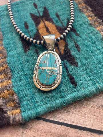 Navajo Number 8 Turquoise Inlay & Sterling Silver Pendant Signed