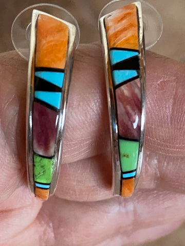 Navajo Turquoise Orange Spiny Half Hoop Stud Earrings