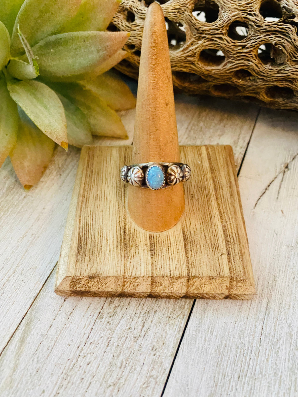 Navajo Blue Opal and Sterling Silver Concho Band Ring