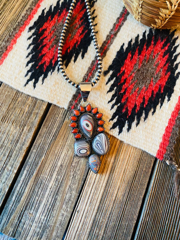 Handmade Sterling Silver, Fordite & Coral Cluster Pendant