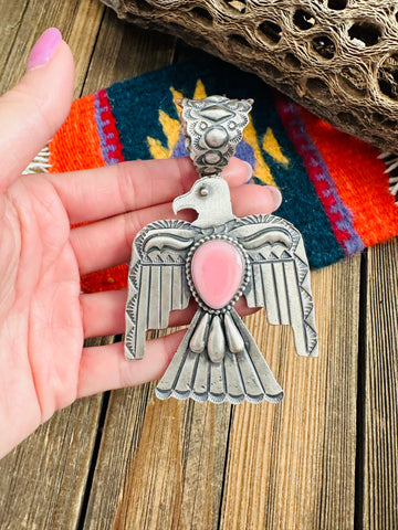 Navajo Queen Pink Conch & Sterling Silver Thunderbird Pendant By Shawn Cayatineto