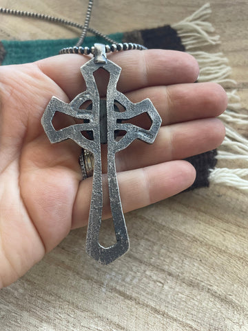 Navajo Sterling Silver & Turquoise Cross Pendant Signed Eugene Mitchell