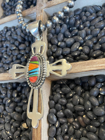 Navajo Multi Stone Inlay & Sterling Silver Cross Pendant Signed