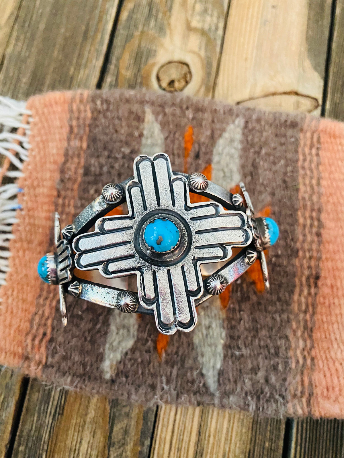 Navajo Sterling Silver & Kingman Turquoise Cross Cuff Bracelet By Kevin Billah