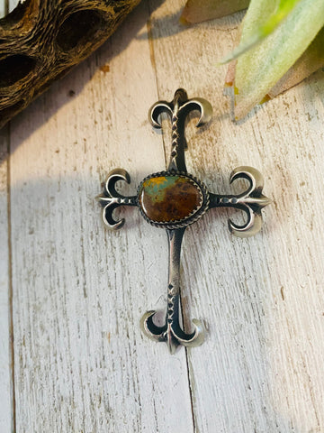 Navajo Sterling Silver & Royston Turquoise Cross Pendant By Martha Cayatineto