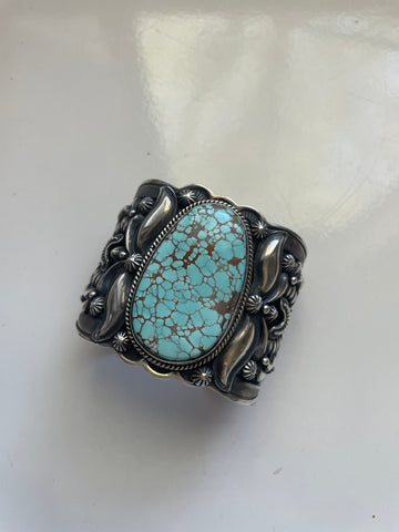 Navajo Sterling Silver & Number 8 Turquoise Cuff Bracelet Signed