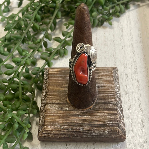 Navajo Coral & Sterling Silver Feather Ring Signed