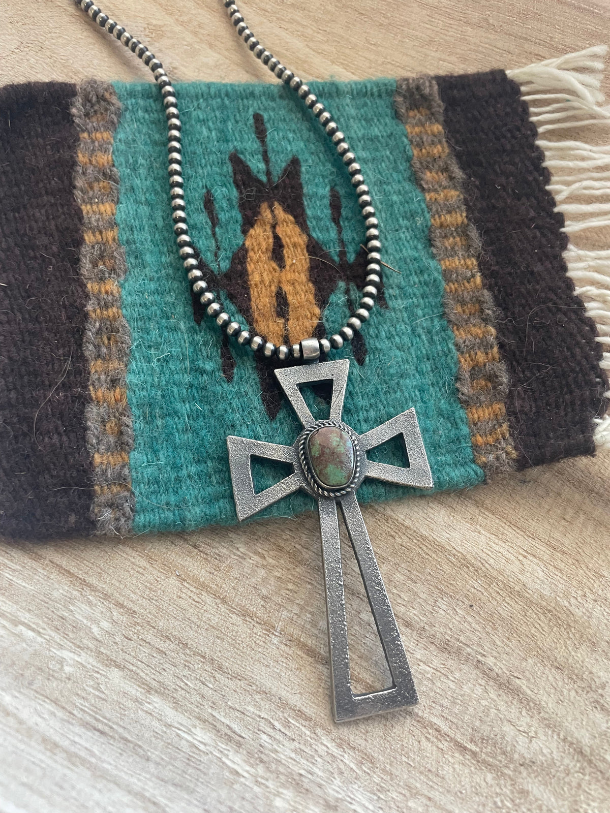 Navajo Sterling Silver & Turquoise Cross Pendant Signed Eugene Mitchell