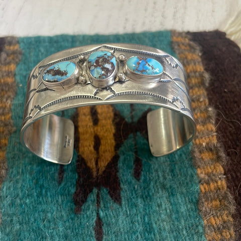 Navajo Golden Hills Turquoise & Sterling Silver Cuff Bracelet Signed