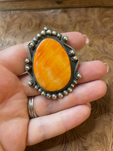 Navajo Sterling Silver And Orange Spiny Ring Size 8