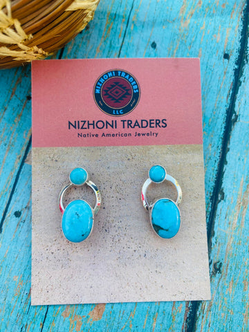 Navajo Kingman Turquoise & Sterling Silver Post Earrings Signed