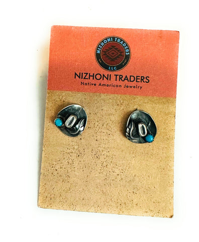 Navajo Mini Cowboy Hat Sterling Silver & Turquoise Stud Earrings