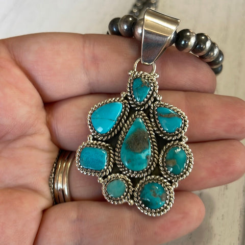 Handmade Sterling Silver & Turquoise Cluster Pendant Signed Nizhoni