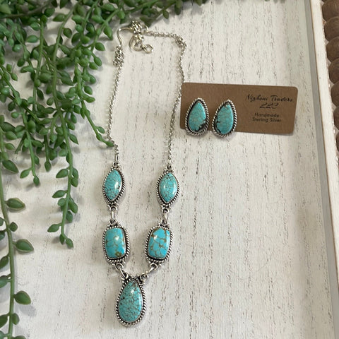 “The Tara” Handmade Sterling Silver & Number 8 Turquoise Necklace Earring Set