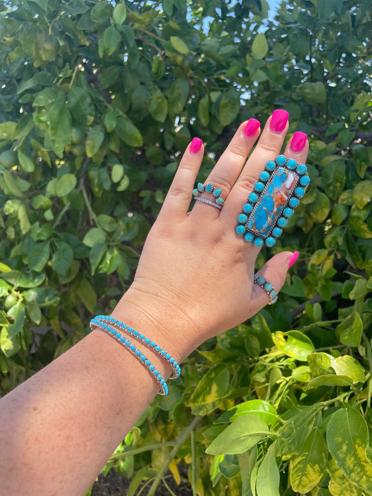 Navajo Turquoise, Orange Dream & Sterling Silver Adjustable Ring Signed P Yazzie