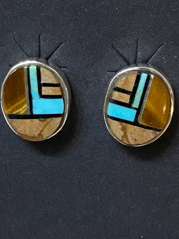 Navajo Turquoise, Onyx, Petrified Wood & Sterling Silver Inlay Small Oval Stud Earrings