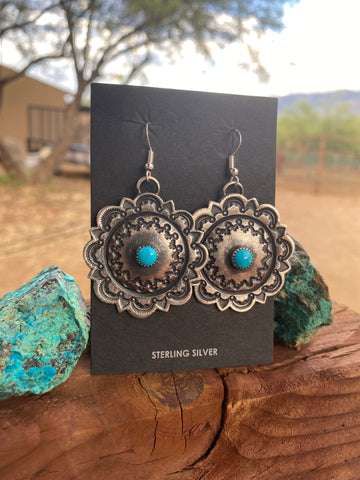 Navajo Turquoise & Sterling Silver Concho Dangle Earrings By Kevin Billah