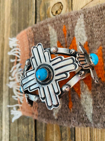 Navajo Sterling Silver & Kingman Turquoise Cross Cuff Bracelet By Kevin Billah