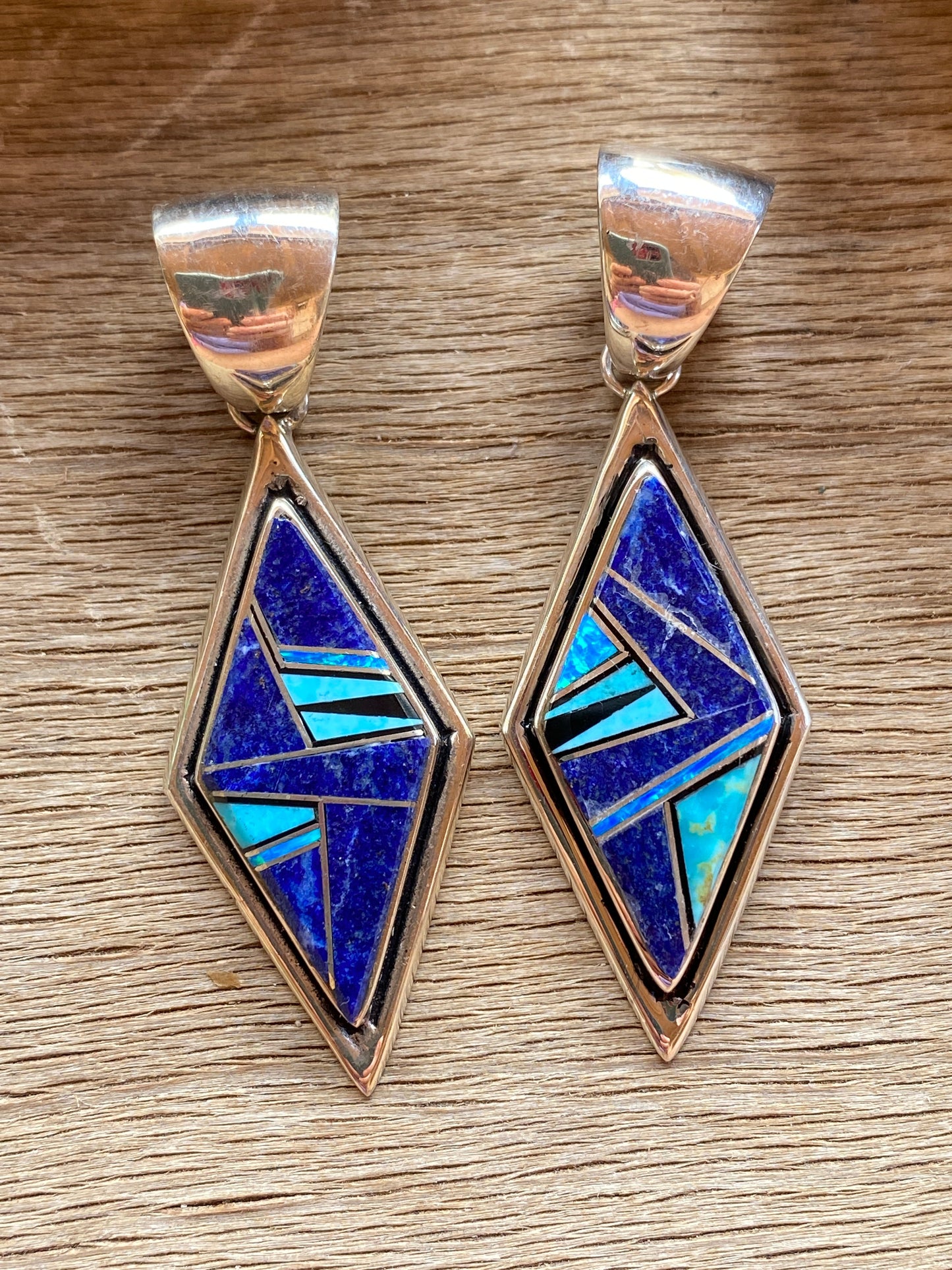 Navajo Lapis, Turquoise, Blue Opal Diamond Shape Pendant