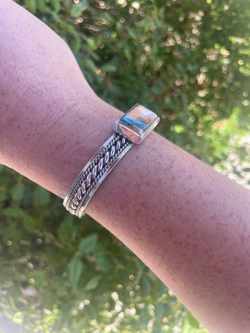 Navajo Spice And Sterling Silver Rectangle Bar Adjustable Bracelet Cuff