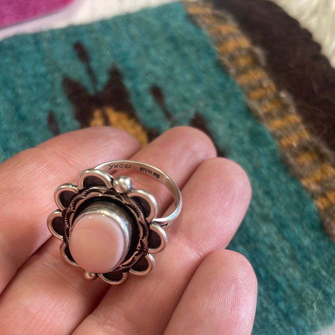 Gorgeous Navajo Pink Peruvian Opal And Sterling Silver Adjustable Ring Signed