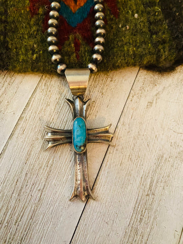 Navajo Sterling Silver & Turquoise Cross Pendant By Chimney Butte