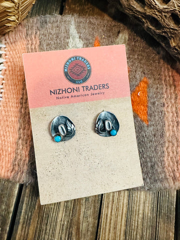 Navajo Mini Cowboy Hat Sterling Silver & Turquoise Stud Earrings