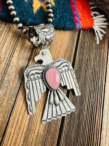 Navajo Queen Pink Conch & Sterling Silver Thunderbird Pendant By Shawn Cayatineto