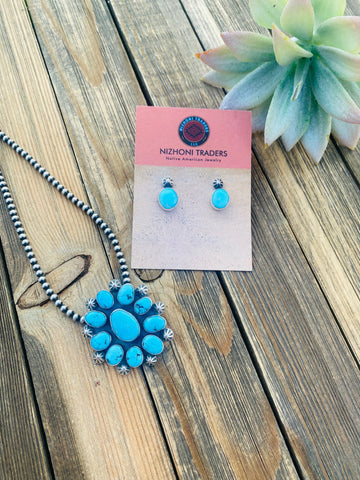 Navajo Sleeping Beauty Turquoise & Sterling Silver Cluster Earrings & Pendant Set