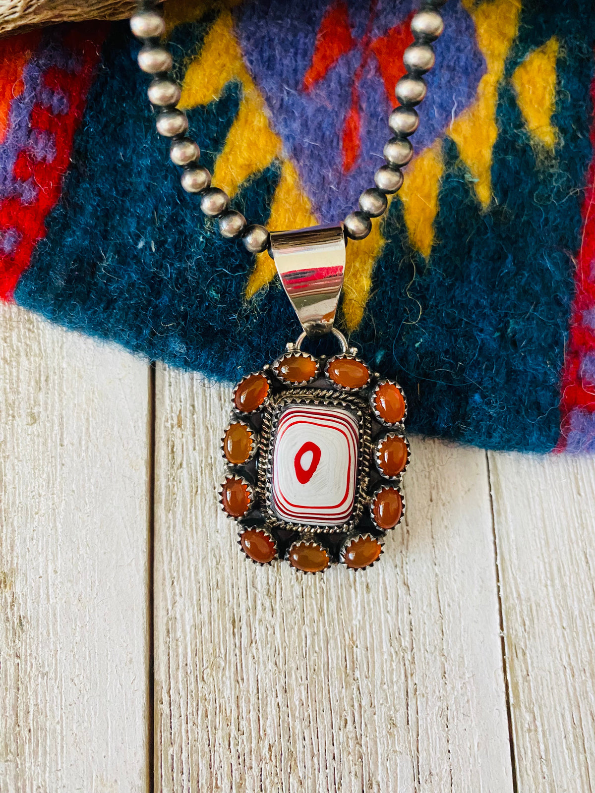 Handmade Sterling Silver, Fordite & Garnet Cluster Pendant