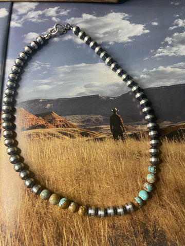 Navajo Sterling Silver Pearl & Turquoise Beaded Necklace 18 Inch