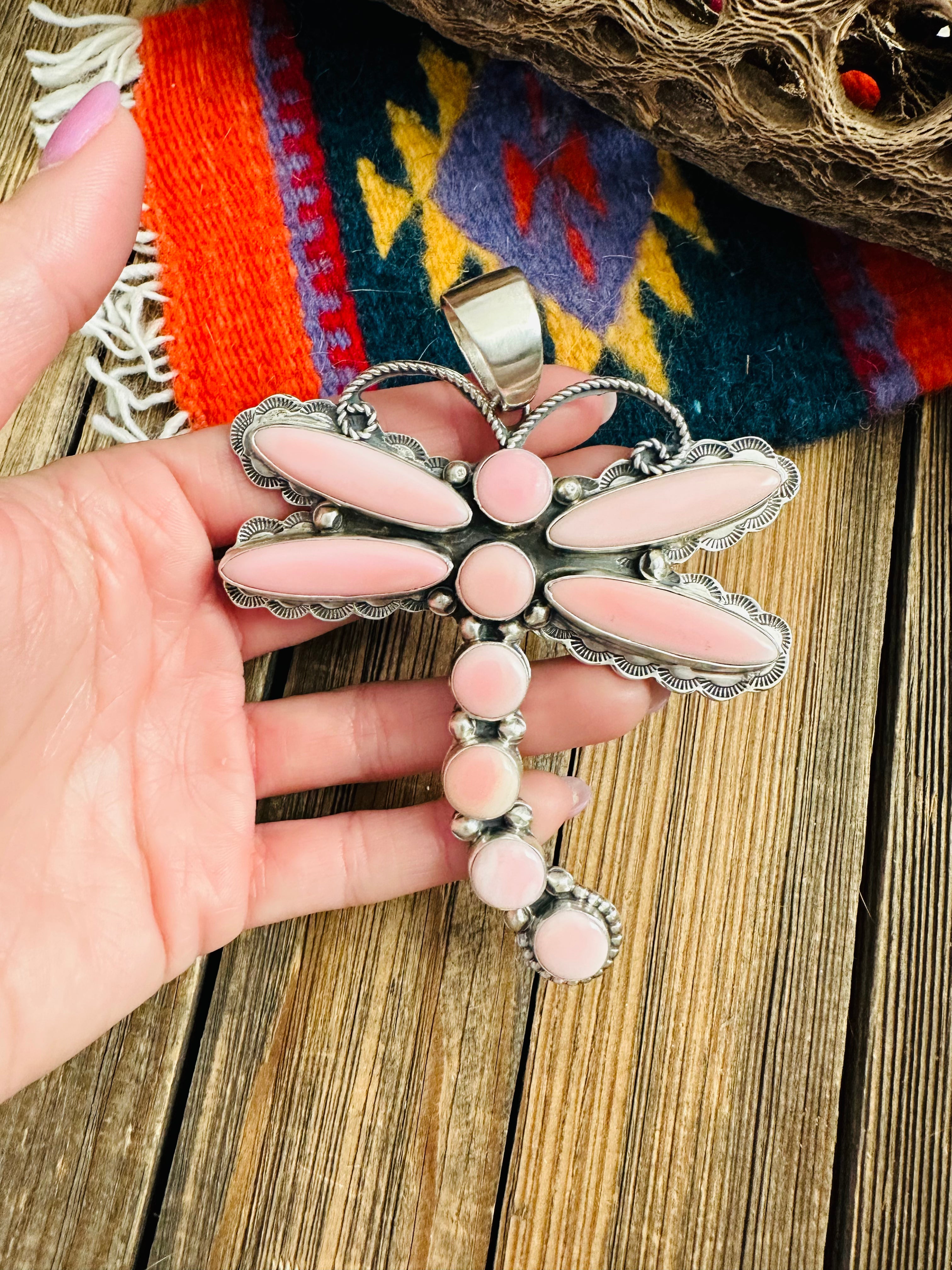 Navajo Queen Pink Conch & Sterling Silver Dragonfly Pendant By Shawn Cayatineto