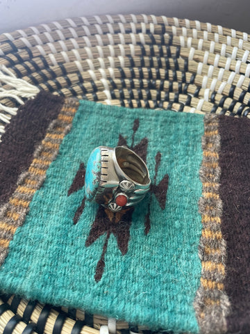 Navajo Turquoise, Coral & Sterling Silver Ring Size 12