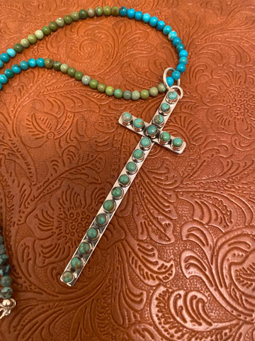 Handmade Royston Turquoise & Sterling Silver Cross Pendant