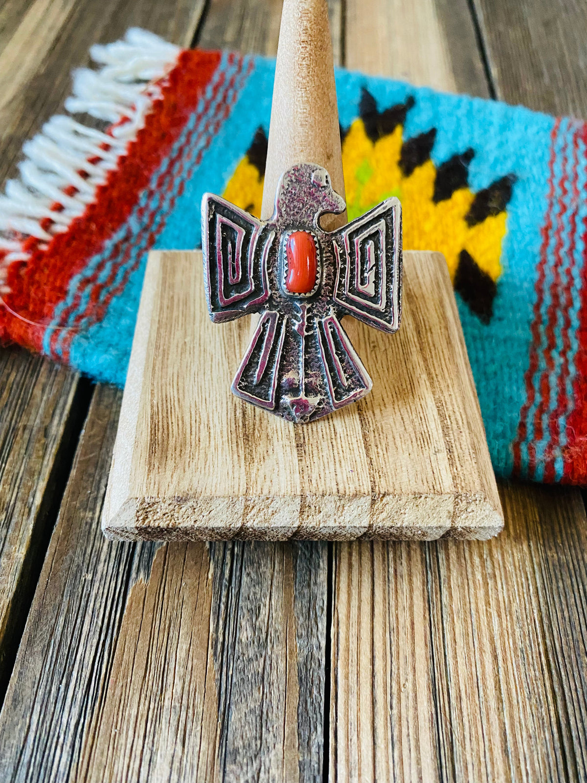 Navajo Sterling Silver & Coral Thunderbird Ring