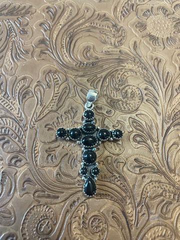 Handmade Sterling Silver and Black Onyx Cross Pendant Signed Nizhoni