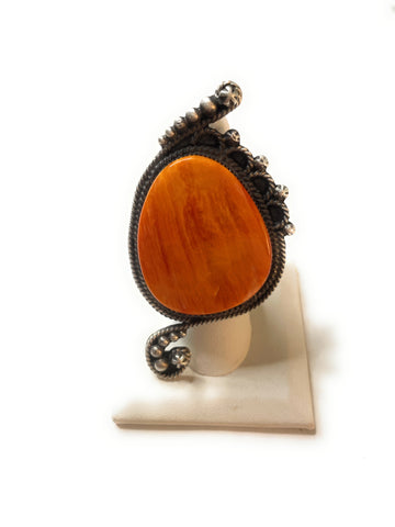 Navajo Sterling Silver And Orange Spiny Ring Size 8