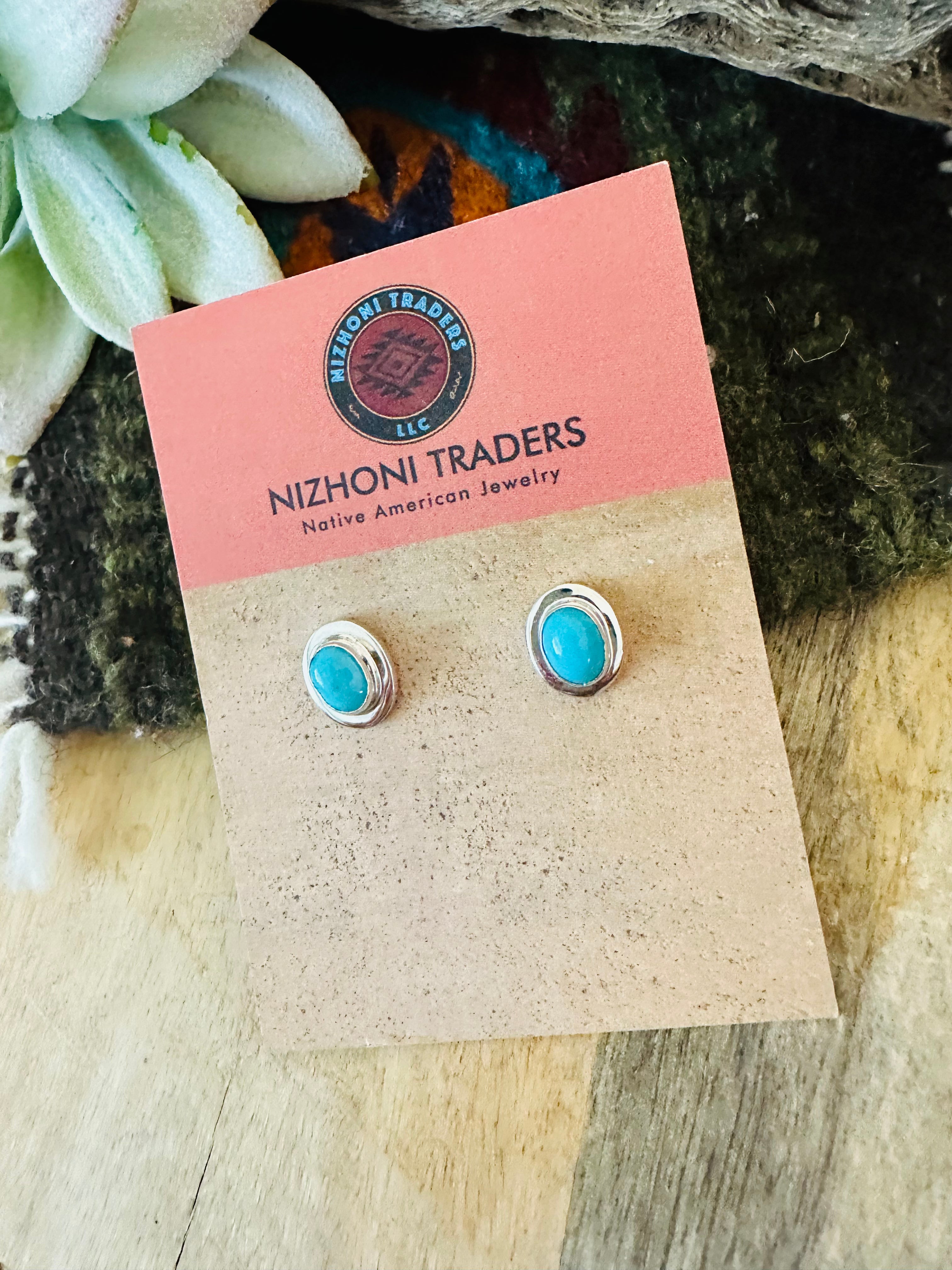 Navajo Turquoise & Sterling Silver Oval Stud Earrings