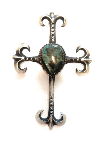 Navajo Sterling Silver & Royston Turquoise Cross Pendant By Martha Cayatineto